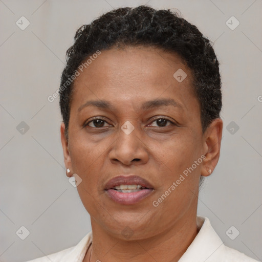 Joyful black adult female with short  brown hair and brown eyes