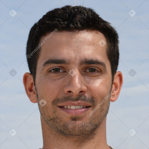 Joyful white young-adult male with short  brown hair and brown eyes