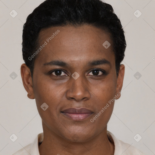 Joyful black young-adult male with short  black hair and brown eyes