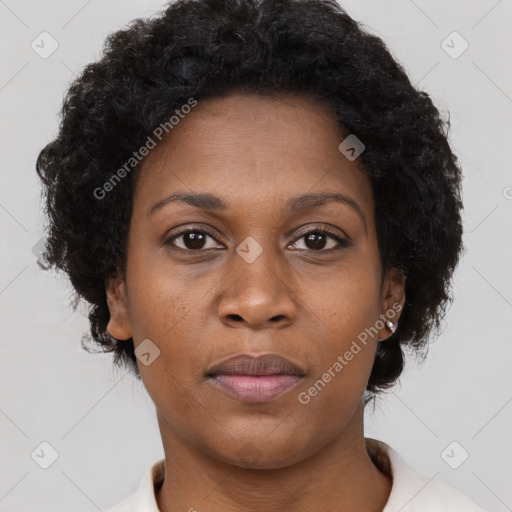 Neutral black young-adult female with short  black hair and brown eyes