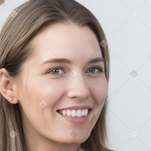 Joyful white young-adult female with long  brown hair and grey eyes