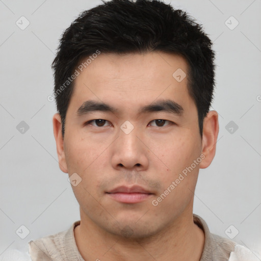 Neutral asian young-adult male with short  black hair and brown eyes