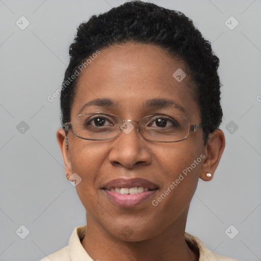 Joyful black adult female with short  brown hair and brown eyes