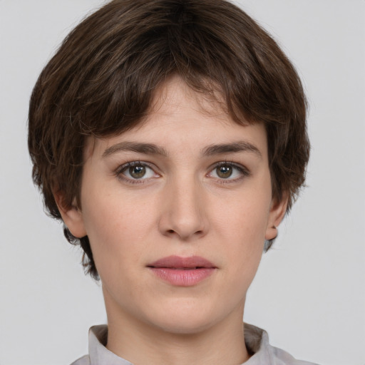 Neutral white young-adult female with short  brown hair and grey eyes