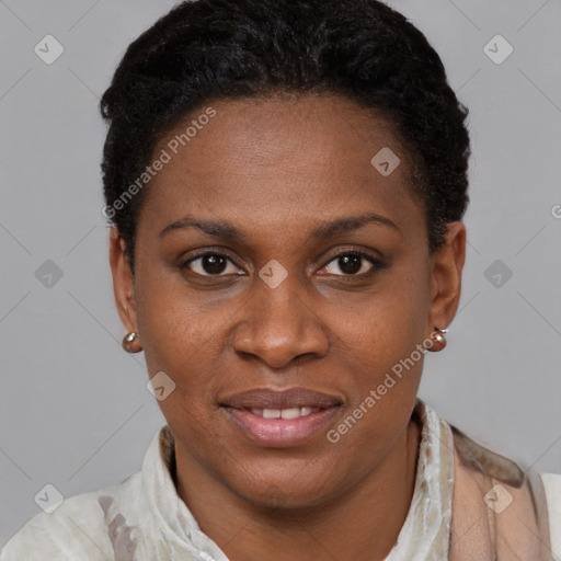 Joyful black adult female with short  brown hair and brown eyes
