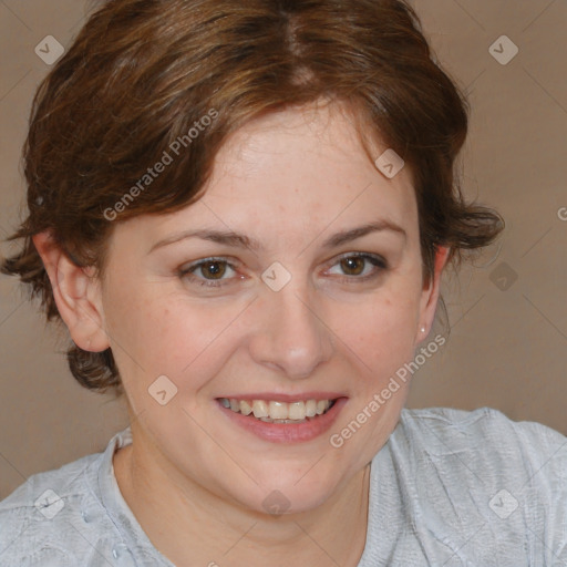 Joyful white young-adult female with medium  brown hair and blue eyes