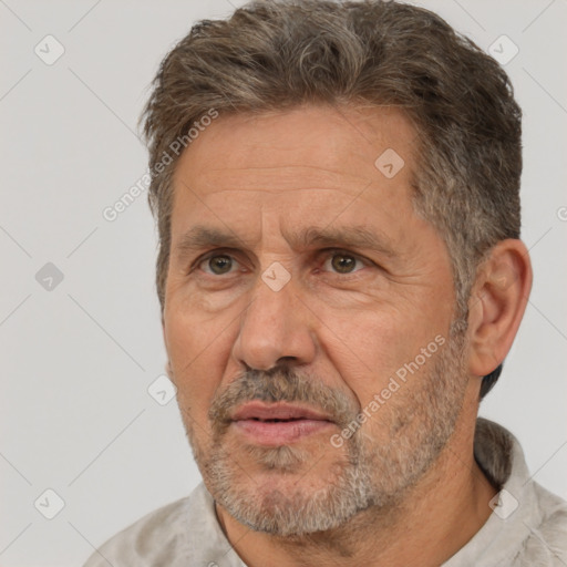 Neutral white middle-aged male with short  brown hair and brown eyes