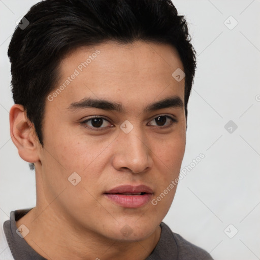 Neutral latino young-adult male with short  brown hair and brown eyes