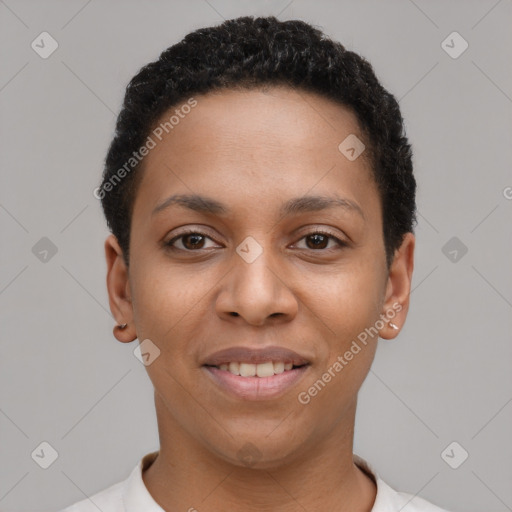 Joyful latino young-adult female with short  black hair and brown eyes