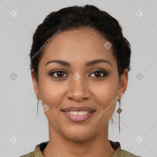 Joyful latino young-adult female with medium  brown hair and brown eyes