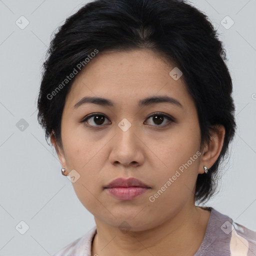 Neutral asian young-adult female with medium  brown hair and brown eyes