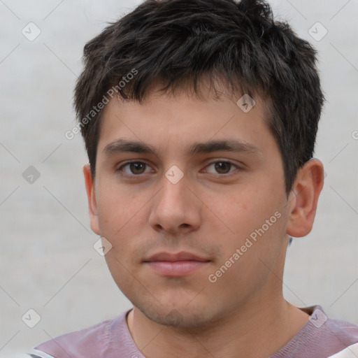 Neutral white young-adult male with short  brown hair and brown eyes