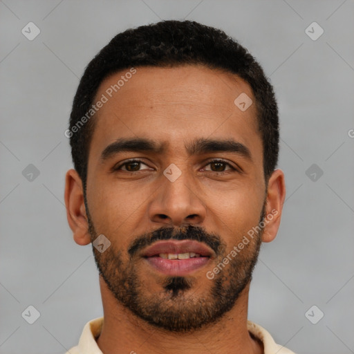 Neutral latino young-adult male with short  black hair and brown eyes