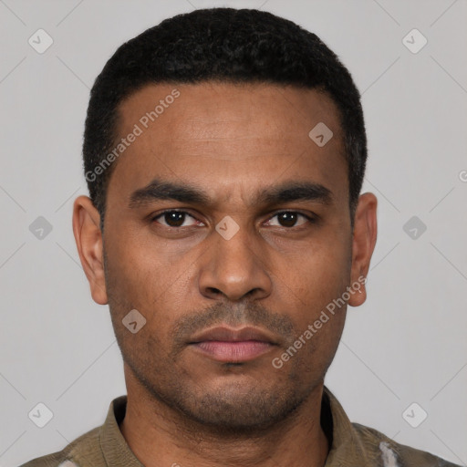 Neutral latino young-adult male with short  black hair and brown eyes