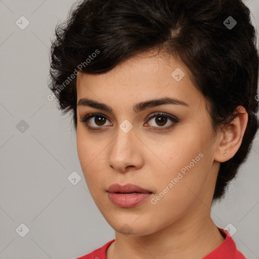 Neutral white young-adult female with short  brown hair and brown eyes