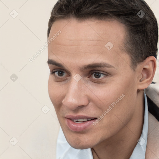 Joyful white young-adult female with short  brown hair and brown eyes