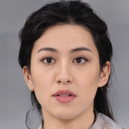 Neutral asian young-adult female with medium  black hair and brown eyes