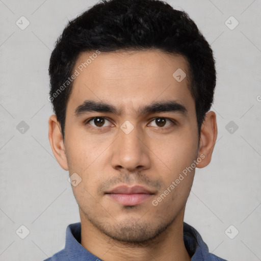 Neutral latino young-adult male with short  black hair and brown eyes