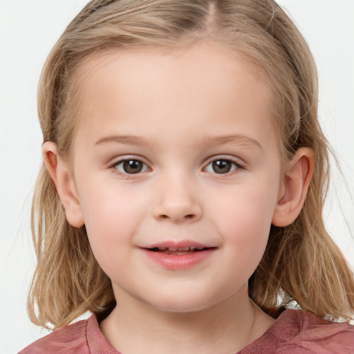 Joyful white child female with medium  brown hair and grey eyes