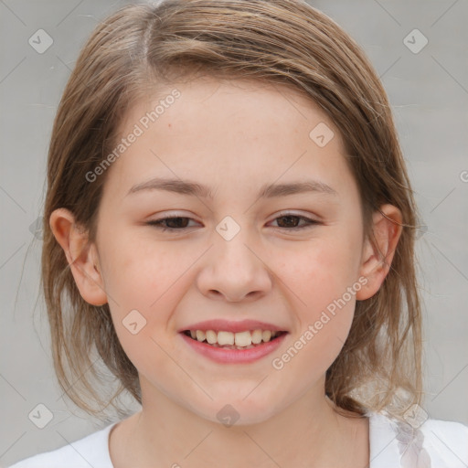 Joyful white child female with medium  brown hair and brown eyes