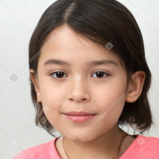 Joyful white child female with medium  brown hair and brown eyes