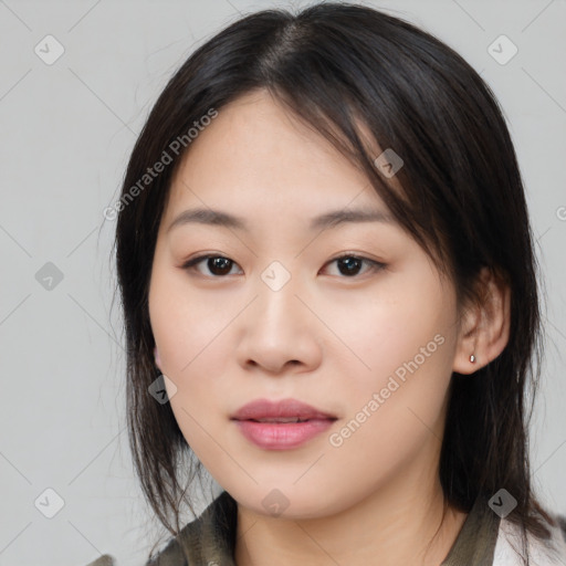 Neutral asian young-adult female with medium  brown hair and brown eyes