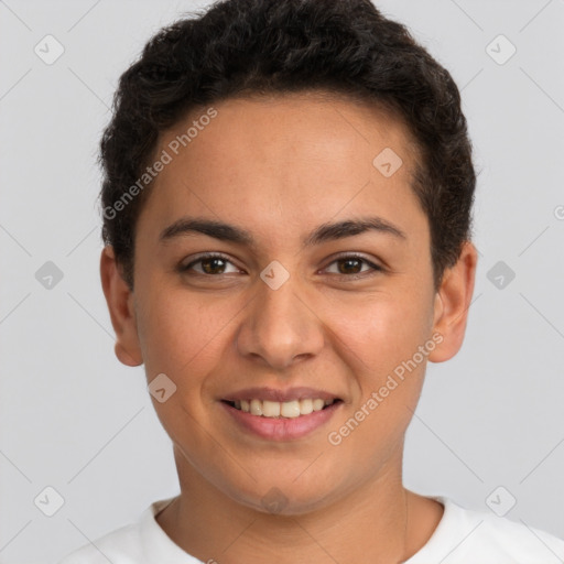 Joyful white young-adult female with short  brown hair and brown eyes