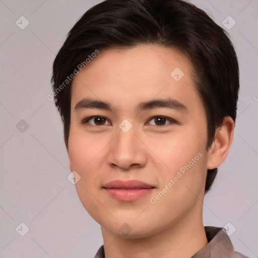 Joyful white young-adult male with medium  brown hair and brown eyes
