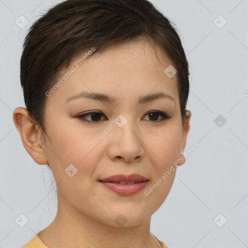 Joyful asian young-adult female with short  brown hair and brown eyes