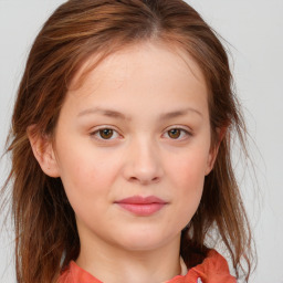 Joyful white child female with medium  brown hair and blue eyes