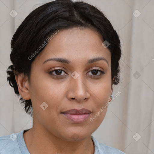 Joyful asian young-adult female with short  brown hair and brown eyes