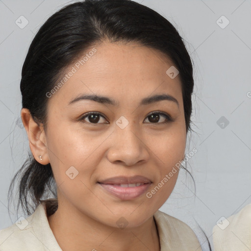 Joyful white young-adult female with medium  brown hair and brown eyes