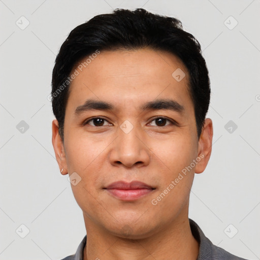 Neutral latino young-adult male with short  black hair and brown eyes