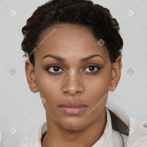 Neutral latino young-adult female with short  brown hair and brown eyes