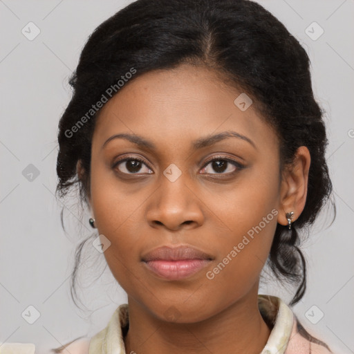 Joyful black young-adult female with medium  brown hair and brown eyes