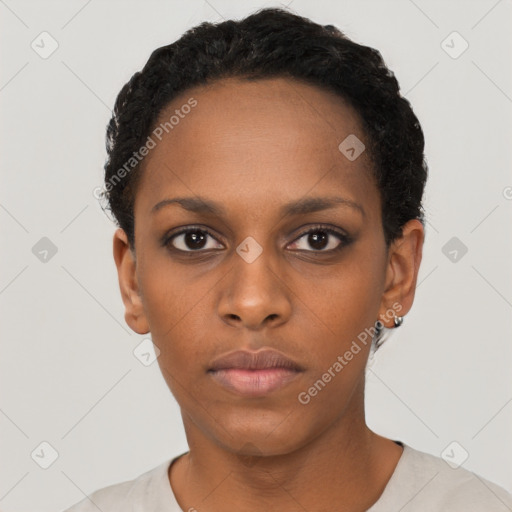 Neutral black young-adult female with short  black hair and brown eyes