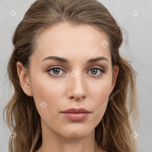 Neutral white young-adult female with long  brown hair and grey eyes