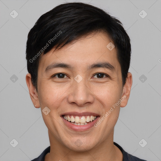 Joyful white young-adult male with short  black hair and brown eyes