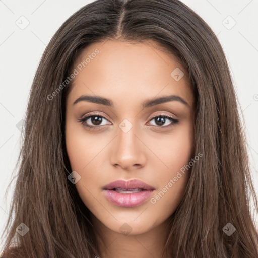 Neutral white young-adult female with long  brown hair and brown eyes