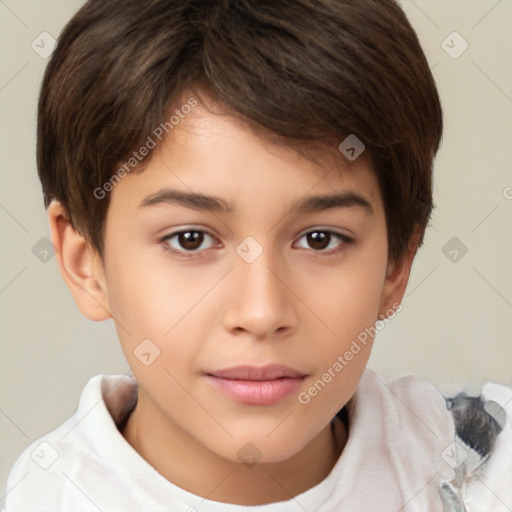 Joyful white child female with short  brown hair and brown eyes