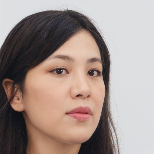 Neutral asian young-adult female with long  brown hair and brown eyes