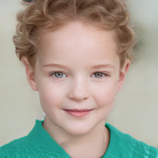 Joyful white child female with short  brown hair and grey eyes