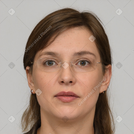 Neutral white adult female with medium  brown hair and grey eyes