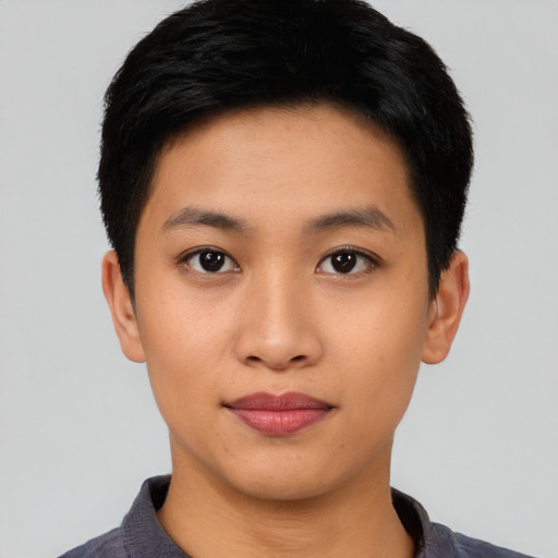 Neutral asian young-adult female with short  black hair and brown eyes