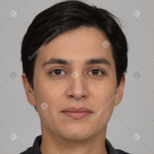 Joyful white young-adult male with short  brown hair and brown eyes