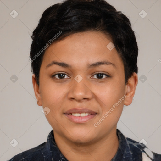 Joyful latino young-adult female with short  black hair and brown eyes