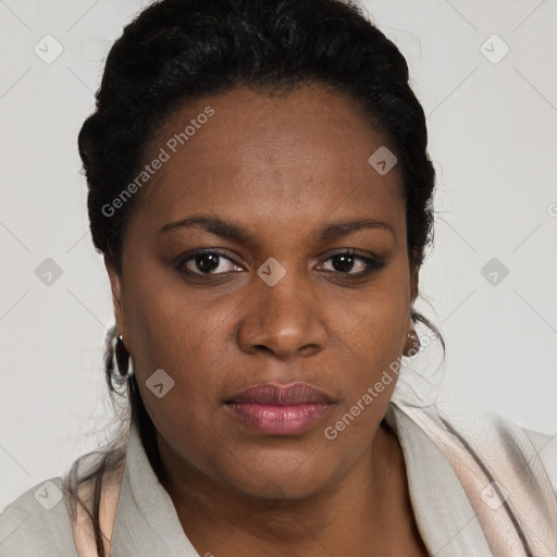 Neutral black young-adult female with short  black hair and brown eyes