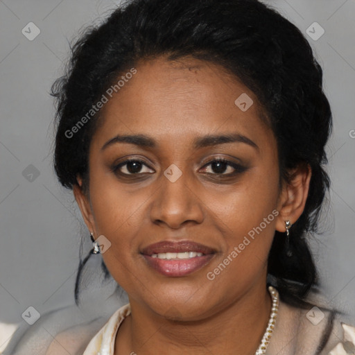 Joyful black young-adult female with medium  black hair and brown eyes