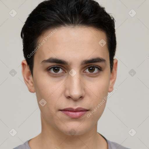 Neutral white young-adult male with short  brown hair and brown eyes