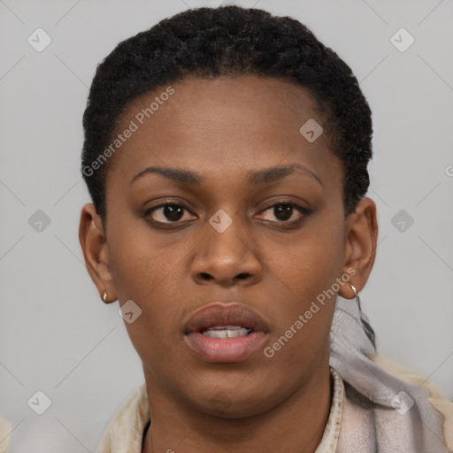 Neutral black young-adult female with short  brown hair and brown eyes